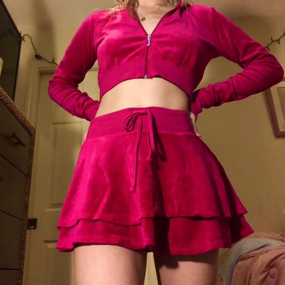Hot Pink Juicy Couture Velour Tracksuit Skirt Jacket Set